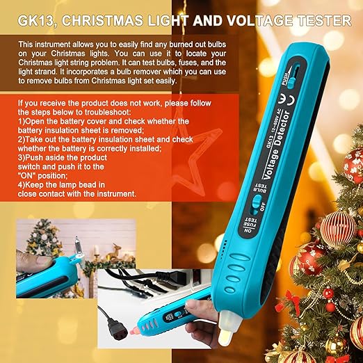 allsun Christmas Light Tester with Bulb Remover & Fuse Tester,Non-Contact Voltage Detector for Holiday Lights, Fuses, Bulbs, AC Power Tester (12V-600V),Light Repairing Tool Not LEDs