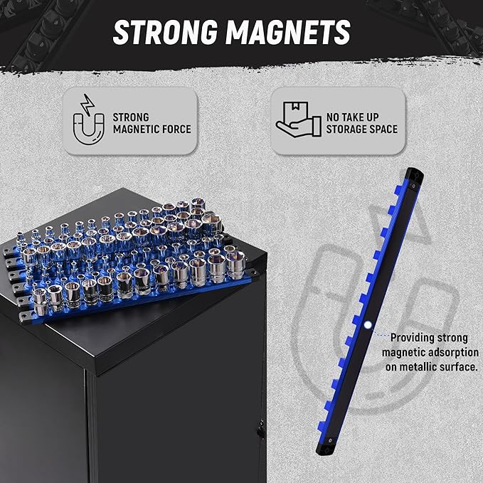ALOANES Magnetic Socket Organizer, 1/4-Inch Drive Aluminum Socket Holder Socket Tray, Heavy Duty Socket Rail Organizer for Tool Box Drawer, 360°Swivel Clips Socket Rack 1/4-Inch x 14 Clips (Blue)