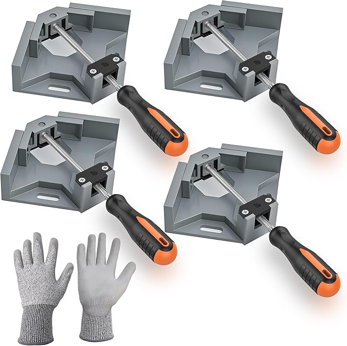 Corner Clamps for Woodworking, 4 Pack Durable Premium Aluminum Alloy Wood Clamps with Electroplated Spiral Rod and Ergonomic Handle, Corrosion-Resistant 90 Degree Clamp, Including Cut Resistant Gloves