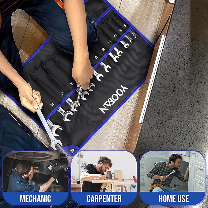 YOOFAN Wrench Roll Up Pouch – Wrench Organizer with 12+1 Pockets, Wrench Bag with Handle, Wrench Holder for Hanging, Blue – Metric