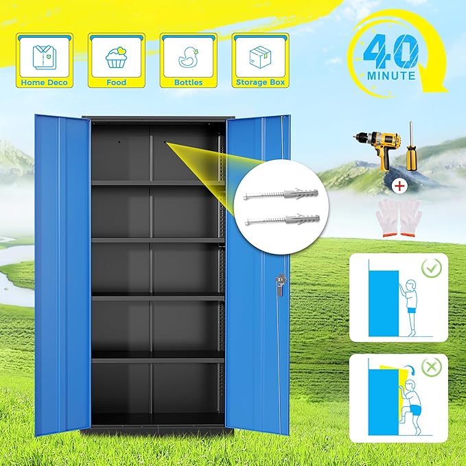 Pataku Metal Storage Cabinet, 71" Garage Cabinet with Doors and Shelves Lockable Steel Multifunctional Cabinets, File Cabinets for Home, Office, Garage, Warehouse(Dark Blue)