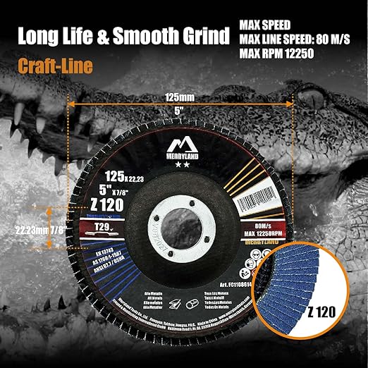 Merryland Flap Disc 5 inch Metal for Angle Grinder, 5inch 120 Grit T29 Flap Wheel 10 Pack, Blue Zirconium Corundum INOX Stainless Steel Iron Universal, Craft-Line FC1108614-10