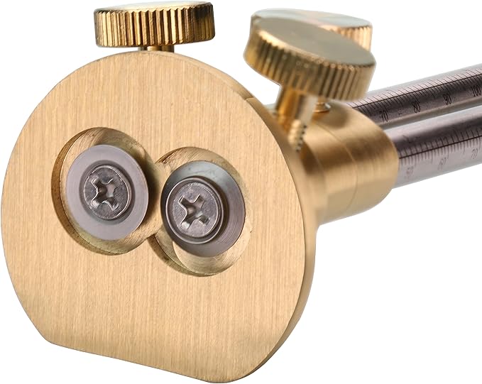 Double blade Wheel Marking Gauge Kit with 2 Extra Cutter Wheels and Screws, Small Anti Roll Brass Head, Metric Micro Adjuster Ruler, Woodworking Tools Scriber for Woodworking