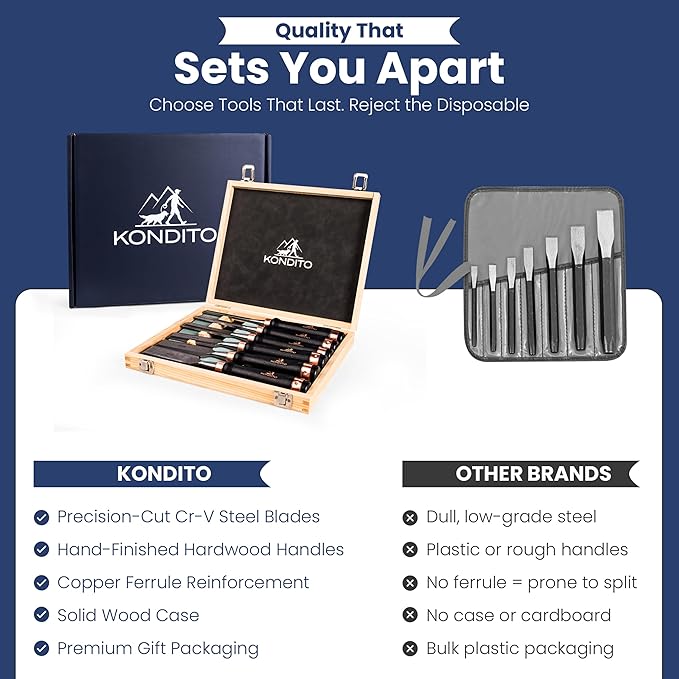 KONDITO Wood Chisel Set – 8-Piece Premium Woodworking Chisel Kit with 6 CRV60 Steel Blades (6–38mm), 2 Sharpening Stones & Hardwood Case – Wood Carving Chisels for Joinery, Sculpting & Carpentry Tools