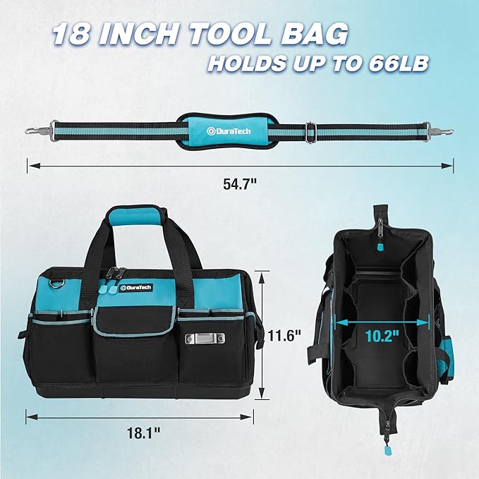 DURATECH 18-Inch Large Tool Bag with Waterproof Hard Bottom, Tool Bags for Men Heavy Duty with 19 Pockets, Wide Open Mouth Toolbag for Electricians Mechanic Plumber HVAC