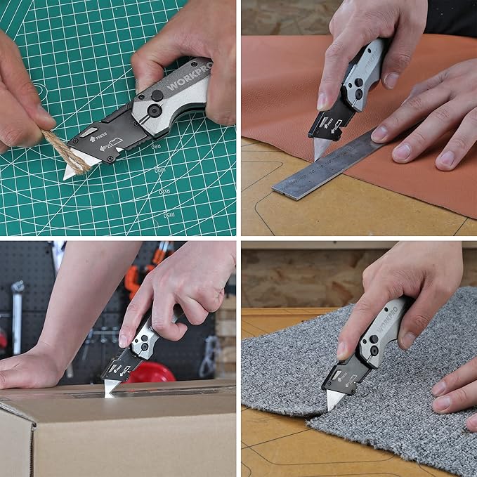 WORKPRO Folding Utility Knife, Heavy Duty Metal, Quick Open Botton Lock Box Cutter, Quick Change Blade Razor Knife, 1PC with 10 Extra SK5 Blades