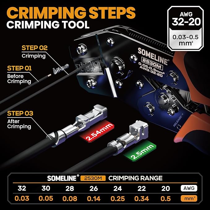 SOMELINE Crimp Tool Connector Kit, JST-XH 2.5mm/Du Pont 2.54mm Connector Set, 21 Types of Connectors, 30-20 AWG Ratcheting Crimper for JST Series,KF2510,Molex,AMP EI Series