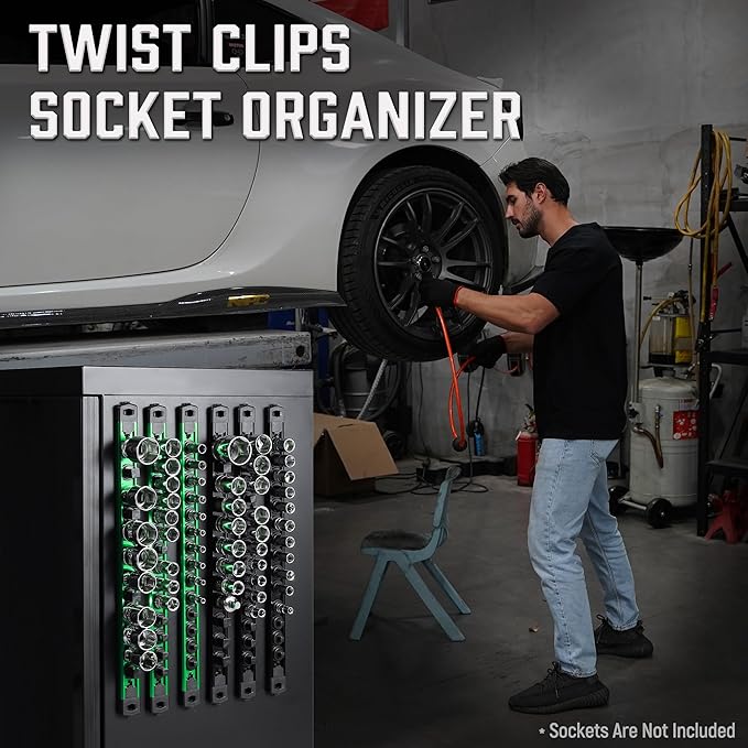 ALOANES 1/4-Inch Drive Magnetic Socket Organizer, Heavy Duty Aluminum Socket Rail Organizer, 360° Swivel Clips Socket Holder Kit for Tool Box, 1/4-Inch Socket Holder x 14 Clips (Green)
