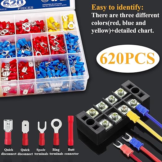 Tnisesm 620Pcs Insulated Wire Crimp Connectors Assortment Kit, Fork Ring Spade Butt Quick Disconnect Terminals Lugs Set, Male/Female Wire Cable Connectors