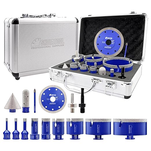 SHDIATOOL Diamond Tile Drill Bits Kit 15pcs, Porcelain Hole Saw Sets, Core Bits Cutter for Drilling Ceramic Marble Granite (6/8/10/20/25/35/50/75/100/20MM/2/SDS/HEX/6MM/4.5”)