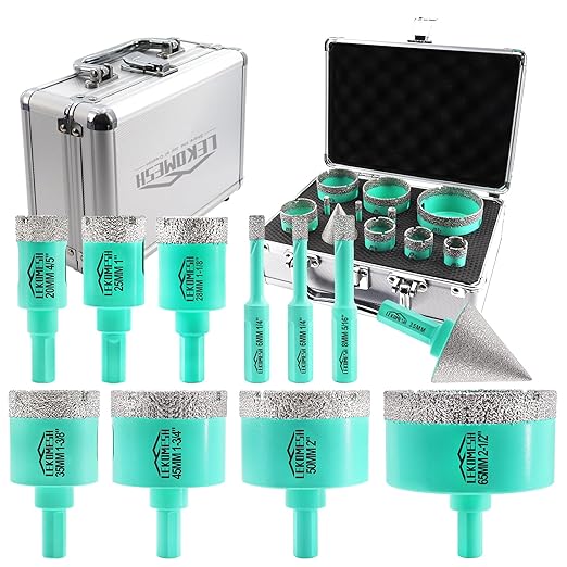 Diamond Core Drill Bits Set 11pcs Tile Hole Saw Kit Triangle Shank(6/6/8/20/25/28/35/45/50/65mm/35mm Diamond Chamfer bits)