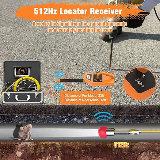 Anysun Sewer Camera with Locator, Pipe Camera with 512Hz Sonde Transmitter and Receiver, IP68 Waterproof Industrial Plumbing Endoscope Drain Snake Cam with 7" LCD Monitor, 8G SD Card (165Ft/50M Cable)