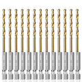 13PC 1/8" Titanium Coated Twist Hex Shank Drill Bit Set, 135 Degree Tip HSS Drill Bit Sets, Impact Driver Drill Bits for Wood, Steel, Metal, Plastic with Quick Change Design