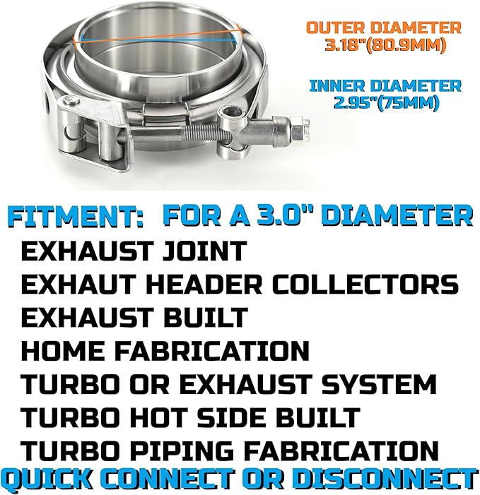 Quick Release Stainless Steel V Band Clamp with Male Female V Band Flange for Exhaust, Turbocharger, Turbo or Downpipe, Sold In Pair (3.0''), Silver