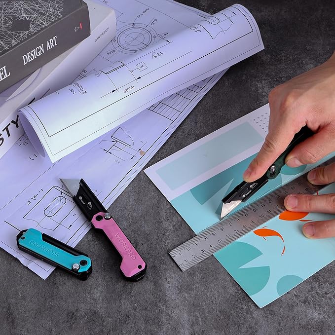 WORKPRO 3-Pack Folding Utility Knife, Compact EDC Box Cutter with G10 Handle, Axis Lock & Belt Clip, Quick Change Blade Razor Knife for Cardboard, Plastic, Cartons, Leather & Rope