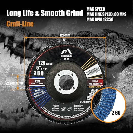 Merryland Flap Disc 5 inch Metal for Angle Grinder, 5inch 60 Grit T29 Flap Wheel 20 Pack, Blue Zirconium Corundum INOX Stainless Steel Iron Universal, Craft-Line FC1108314-20