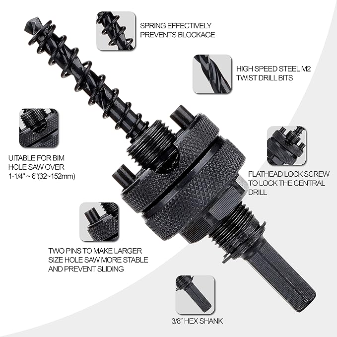 Hex Shaft Hole Saw Mandrel, 7/16-Inch and 3/8 Inch Hole Saw Arbor with 3Pcs Central Drill/2PCS Hex wrench/2Pcs Spring