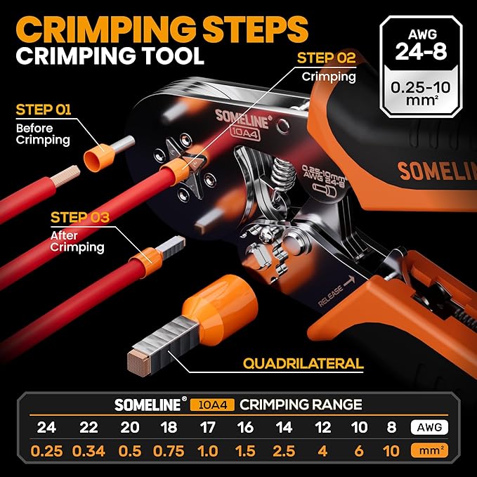 SOMELINE Ferrule Crimping Tool Kit, Self-Adjusting Pliers for Wire Ferrules AWG 24-8, With 18 Sizes Insulated and Non-insulated Wire Ferrules Terminals, Square Crimp Connector Assortment Kit