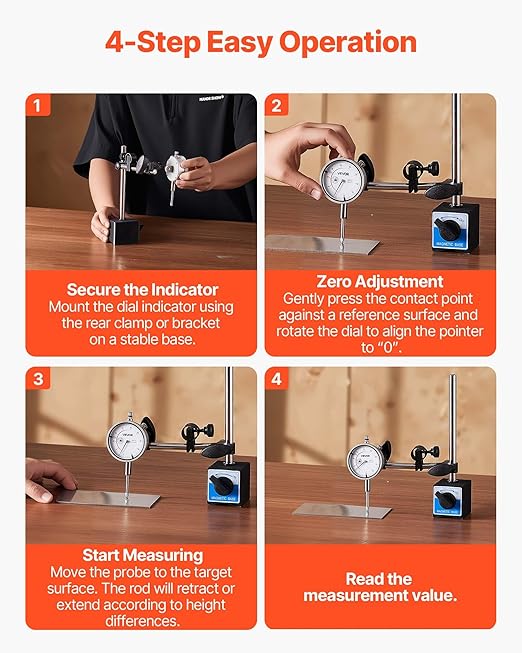 VEVOR Dial Test Indicator with Dual Rod Stand and Storage Case, 0.001 inch Accuracy, 0-1 inch Range, Fine Adjustable Long Arm, Non-Magnetic Centering Rods for Machine Set-Up, Narrow Area Measurement