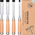 GREBSTK 4 Pcs Wood Chisel Set, CRV Steel Bevel Sharp Edge Bench Chisels with Safety Caps, Comfortful Beech Handle, for Woodworking and DIY Projects, 9.5"x(1/4", 1/2", 3/4", 1")