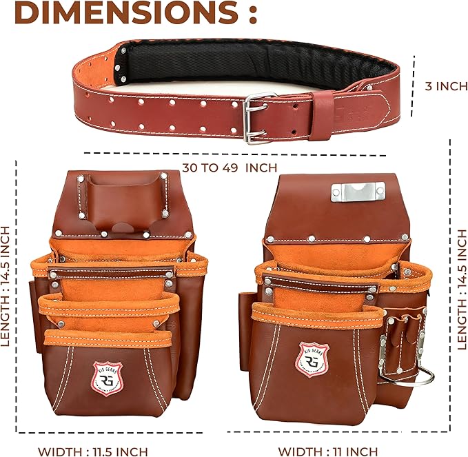 Heavy Duty 17 Pocket Carpenter Leather Tool Belt Set | Combo Multipurpose Framing Tool Belt Work Organizer Bags | Tool Belts For Men Construction Tools Rigs (Maroon, Standard)
