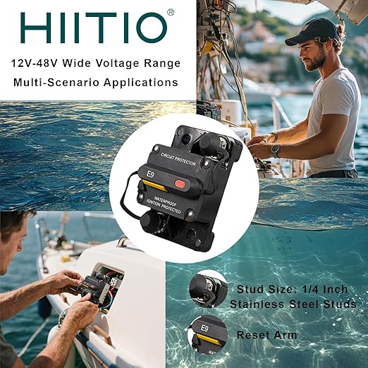 80 Amp Marine Circuit Breaker, IP67 Waterproof Manual Reset Switch, 12V-48V DC Circuit Breaker, 3/8" Studs, for Boat Trolling Motor/Marine ATV/Battery/Solar System, Suface Mount (80A)