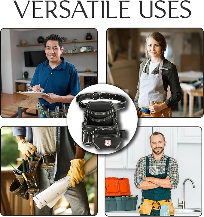 Leather Tool Belt 8 Pockets Leather Tool Pouch | Carpenters Tool Belts For Men Construction Tools Apron Tool Bag Organizer Utility Pouches (Black, Standard)
