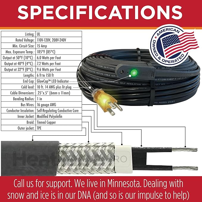 RADIANT SOLUTIONS HeatTapePro - Intelligent Commercial Grade Self-Regulating Heat Cable with GlowCap™ - 10 YR warranty - Ice Dam & Pipe Freeze Protection - 112 ft cable + 10 Ft Cord, 120V, 6 watts/Ft