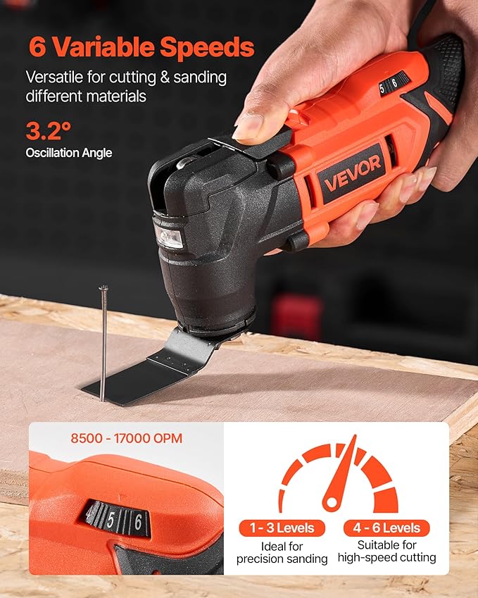 VEVOR Cordless Oscillating Tool, 20V Oscillating Multi Tool Kit with 6 Variable Speeds 8500-17000 OPM, 3.2° Oscillation Angle, 2.0Ah Battery Pack & Charger, 12PCS Saw Accessories & LED Work Light