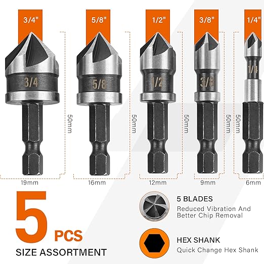 KENDO 5PCS Countersink Drill Bit Set, High Speed Steel Countersink Bits, 82 Degree 5 Flute Pieces, 1/4 Inch Hex Shank, Fit for Sink Holes into Metals, Wood, Plywood, Plastic with Aluminum Case