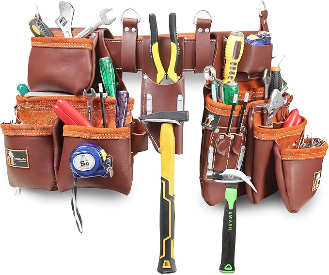 Daisy Leather Tool Belt, PRO-303 Premium Leather Oil Tanned 27 Pockets Heavy Duty Tool Pouch, Leather Tool Belt, Tools Organizer for Electrician, Carpenter, Construction and Framer Tools, X-Large