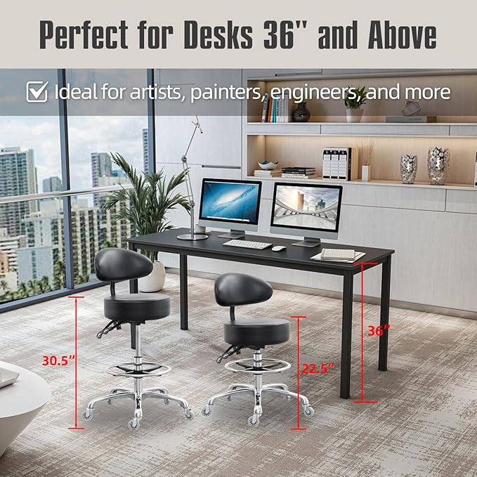 Drafting Chair Big Cushion Rolling Stool with Back, Tall Shop StoolRolling Chair with Footrest for Studio, Workshop, Classroom, Lab, Counter, Home Office (Black)