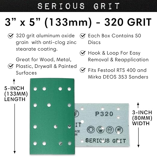 3" x 5" (80mm x 133mm) 14-Hole 320 Grit Sanding Sheets - Fits Festool RTS 400 & Mirka Deos 353 - Heavy-Duty Hook & Loop Film Abrasives - Sandpaper for Sheet Sanders - 50 Pack Box