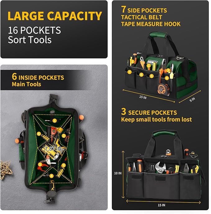 Tool Bag 16Inch Heavy Duty 16-Pocket Tool Box Organizer Storage Portable Toolbox Organization with Soft Handle Carrying Garden Toolbag for Father's Day Dad Men Mechanic Small Storage Box