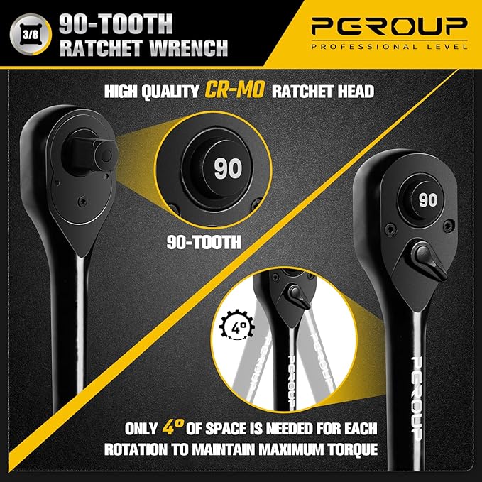 3/8-Inch Drive Ratchet Wrench, 90 Tooth Reversible Ratchet, 4-Degree Swing, Ergonomic Handle, Chrome Alloy Made, Quick Release Ratchet Wrench for Repairing, Home, DIY