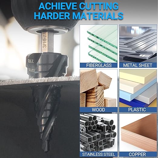 MABLEVI M35 Four Spiral Flute Cobalt Step Drill Bit Set 1/8"-7/8", Wear-Resistant TiAlN Coated 1/4" Hex Shank Unibit Step Bit for Metal, Stainless Steel, Aluminum, Wood, Plastic（3Pcs）
