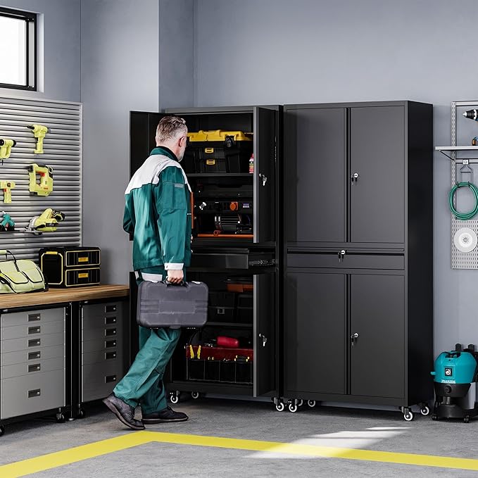 Letaya Metal Garage Storage Cabinet with Wheels,Rolling Tool Cabinet with 4 Door Lock-Adjustable Shelves and 1 Drawer for Garage Home Office Utility Room (Black with Wheels)