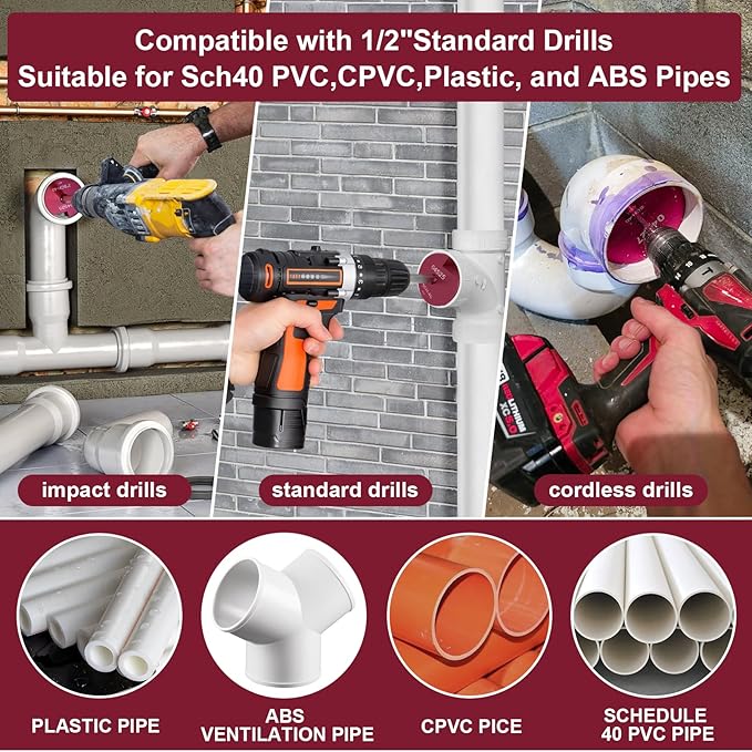 6 Piece PVC Pipe Reamer Kit With A Socket Wrench, 0.75" 1" 1.5" 2" 3" 4 Inch Plastic Pipe Fitting Reamer Tools Contain PPR75, PPR100, PPR150, PPR200, PPR300, PPR400, Fit Standard 3/8" & 1/4" Drills