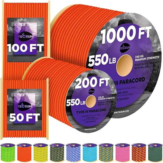 TECEUM 5/32" Paracord Rope 1000 – 1000ft / 200ft / 100ft / 50ft – Tactical Parachute Cord 4mm – 45+ Colors – Nylon String for Survival & Camping Gear – Stripe Cord for Survival – Utility Rope