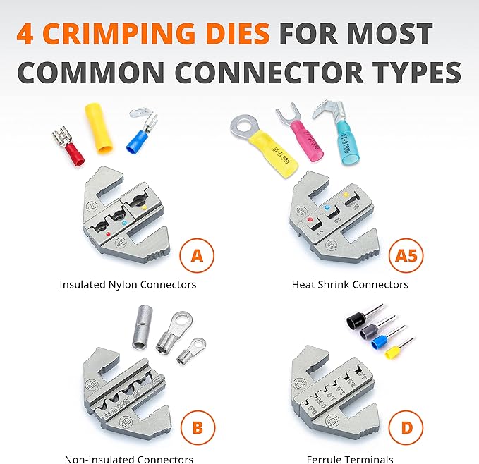 Wirefy Crimping Tool Set 5 PCS - Ratcheting Wire Crimper - For Heat Shrink, Nylon, Non-Insulated Connectors, Ferrule Terminals