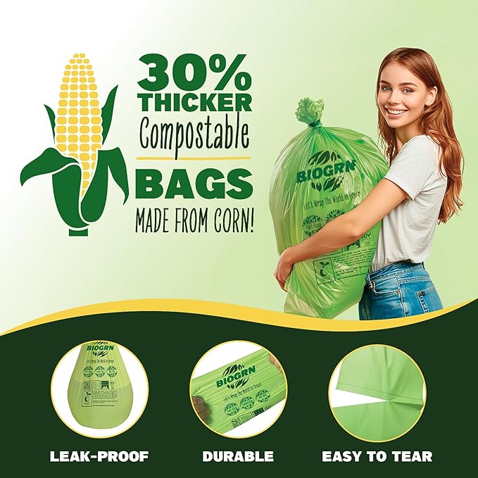 30-33 Gallon Compostable Trash Bags Flat-Top 30 Bags Heavy Duty1.57 Mil, 124.92 Liter Large Lawn and Yard Waste Bag for Outdoor Garden ASTM D6400, US BPI and OK Compost Home Certified