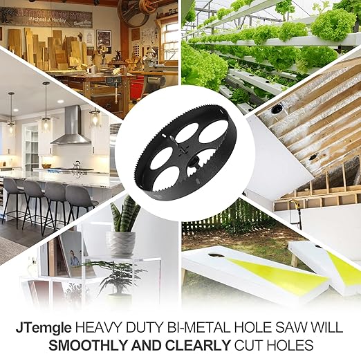 10 Inch Hole Saw with 1/2" Hex Shank Quick Change Arbor, JTemgle Bi-Metal Hole Saw Heavy Duty Hole Cutting Tool for Cornhole Boards, Recessed Lights, Wood, Plastic, Drywall & Soft Metal