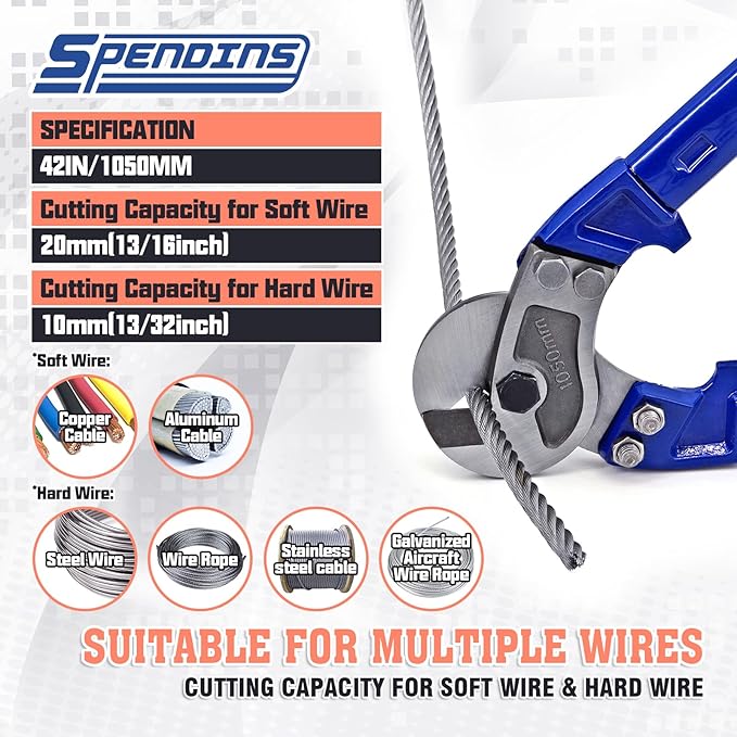 42” Heavy Duty Wire Rope Cutter,Steel Wire Cutters w/Ergonomic Handle Design, Hardened Cable Cutter Cuts Up to 13/16" for Wire rope, Stainless Steel Wire, Copper and Aluminium Cables