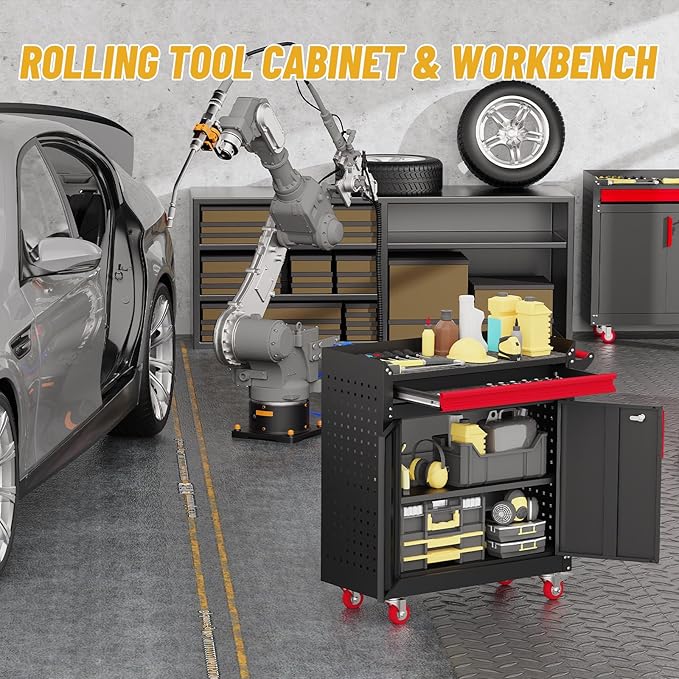 Rolling Garage Cabinets, Garage Storage Cabinet with Wheels and Workbench, Metal Cabinet with Doors and Shelf, Lockable Metal Storage Cabinets, for Home,Garages, Repair Stores, Warehouses
