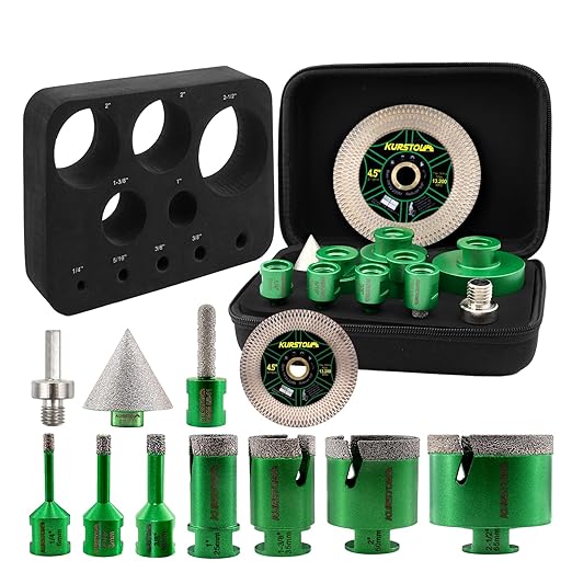 Diamond Core Drill Bits - 6/8/10/25/35/50/65mm+2" Beveling Chamfer Bit+1-3/8" Finger Milling Bit+Triangle Adapter to 5/8-11" Thread+4.5" Cutting disc for Porcelain Ceramic Tile Granite Marble