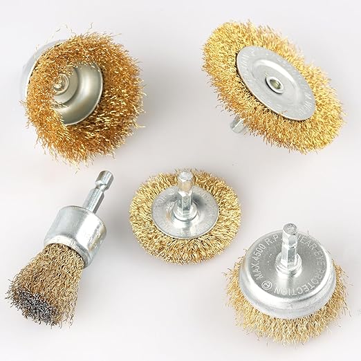 5 Pcs Wire Brush for Drill Set, Brass Wire Wheel for Drill, 1/4 Inch Hex Shank, Wire Brushes for Cleaning Rust for Drill