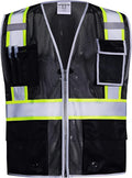 SKSAFETY 10 Pockets Safety Vest, Class 2 High Visibility Security with Zipper Double-sided mesh, Hi Vis Vest with Reflective Strips, ANSI/ISEA Standard, Construction Work Vest （Black, 3XL）