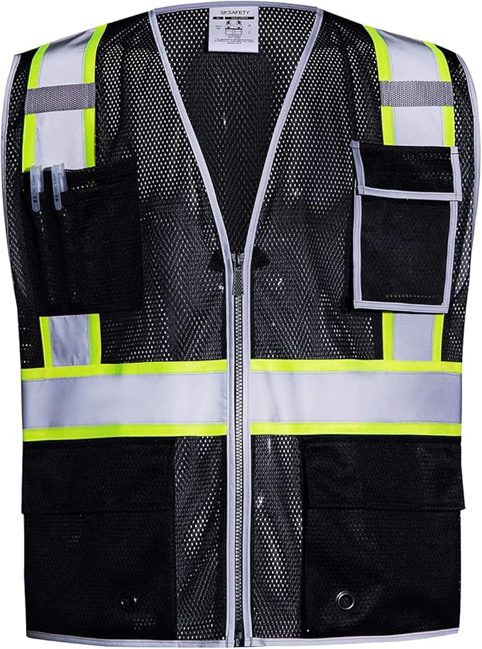 SKSAFETY 10 Pockets Safety Vest, Class 2 High Visibility Security with Zipper Double-sided mesh, Hi Vis Vest with Reflective Strips, ANSI/ISEA Standard, Construction Work Vest （Black, XL）