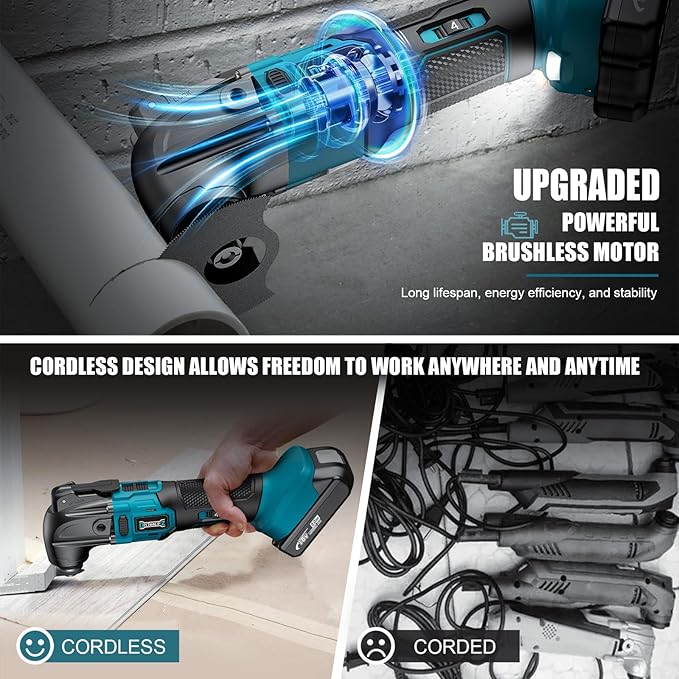 Cordless Oscillating Tool Compatible with Makita 18V Battery, 6 Variable Speed Brushless Tool, Oscillating multi tool kit for Cutting Wood Drywall Nails Remove Grout & Sanding(No Battery）