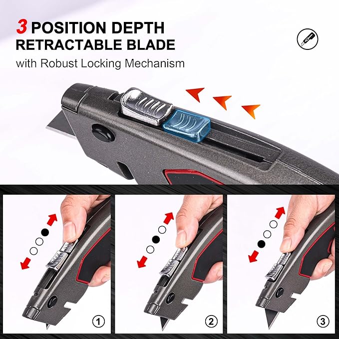 HAUTMEC Heavy-Duty Utility Knife, Safety Box Cutter with Auto-Retracting & 3-Position Locking Dual-System, Built-In Wire Stripper, Blade Storage and 3 Ultra-sharp SK4 Blades – HT0311